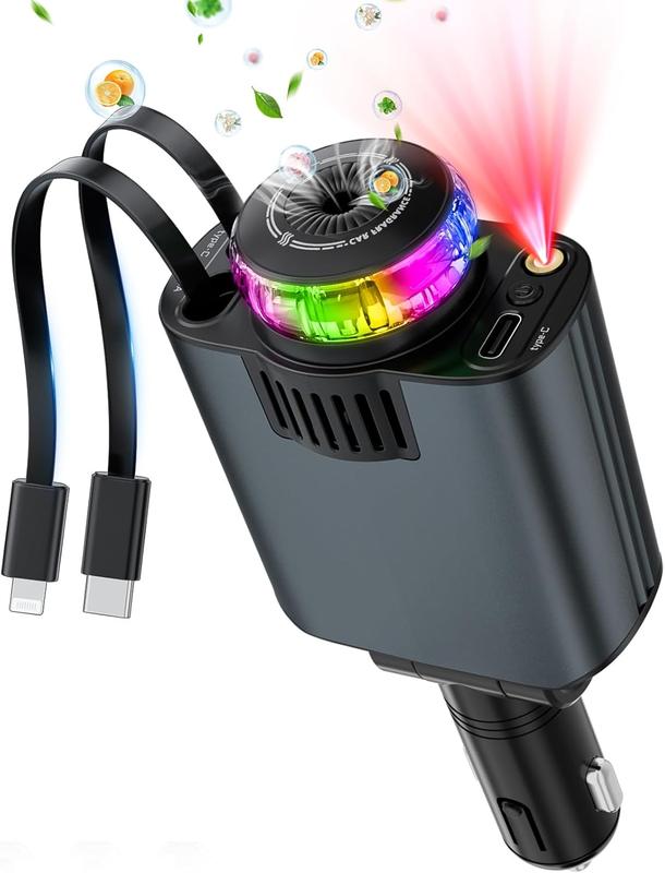 🚗💥 ¡Adiós a los Cables Enredados! Cargador Retráctil 45W con Aromatizante y Luz LED ✨