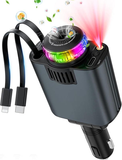 🚗💥 ¡Adiós a los Cables Enredados! Cargador Retráctil 45W con Aromatizante y Luz LED ✨