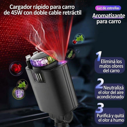 🚗💥 ¡Adiós a los Cables Enredados! Cargador Retráctil 45W con Aromatizante y Luz LED ✨