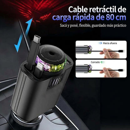 🚗💥 ¡Adiós a los Cables Enredados! Cargador Retráctil 45W con Aromatizante y Luz LED ✨