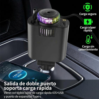 🚗💥 ¡Adiós a los Cables Enredados! Cargador Retráctil 45W con Aromatizante y Luz LED ✨