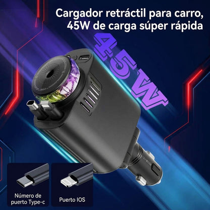 🚗💥 ¡Adiós a los Cables Enredados! Cargador Retráctil 45W con Aromatizante y Luz LED ✨
